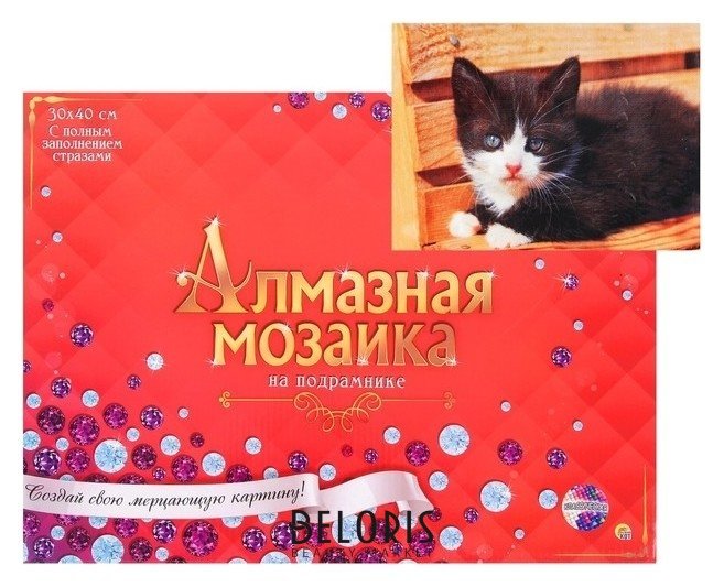 Алмазная мозаика 30 × 40 см, полное заполнение, с подрамником «Чёрно-белый котёнок» Рыжий кот (Red cat toys)