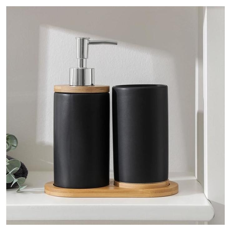 

Набор аксессуаров для ванной комнаты «Натура», 2 предмета (Дозатор 400 мл, стакан, на подставке), цвет чёрный