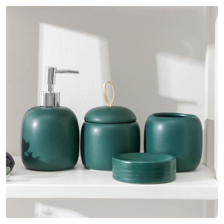 Набор аксессуаров для ванной комнаты Monro, 4 предмета (Мыльница, дозатор для мыла 450 мл, стакан, баночка), цвет зелёный