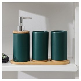 Набор аксессуаров для ванной комнаты «Натура», 3 предмета (Дозатор 400 мл, 2 стакана, на подставке), цвет зелёный 