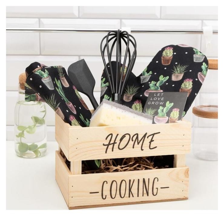 Набор подарочный Home Cooking: полотенце, варежка-прихватка, кухонная лопатка, венчик, губка