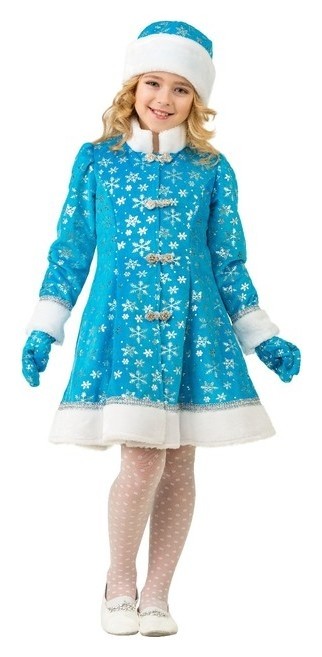 Карнавальный костюм Снегурочка, плюш, пальто, шапка, рукавицы, р. 32, рост 128 см