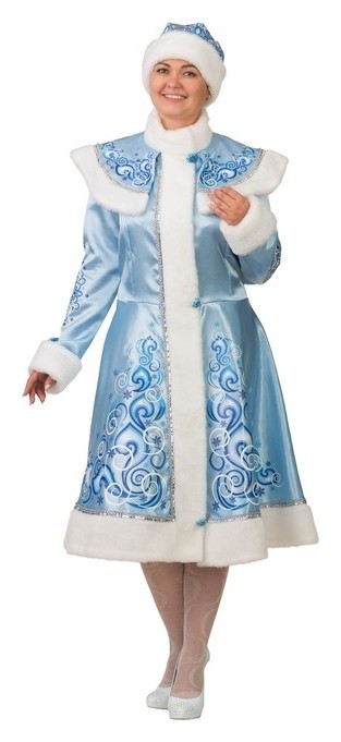 Карнавальный костюм Снегурочка, сатин, шуба с аппликацией, шапка, варежки, цвет голубой, р. 50-52