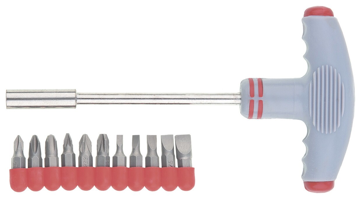 Отвертка с т-образной эргономичной ручкой и набором бит, 11 шт, CrV Matrix (Матрикс)