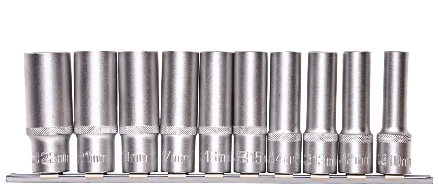 

Набор удлиненных торцевых головок 1/2", шестигранные, Crv, 10 шт, 10-22 мм