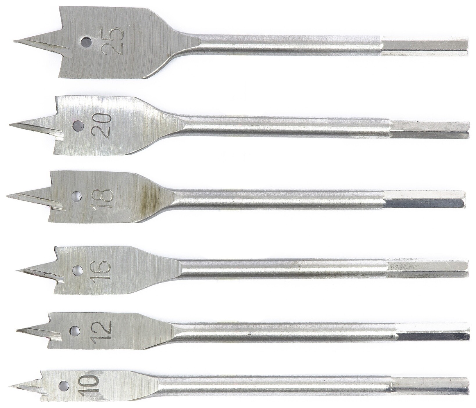 Набор сверл перовых по дереву, 10-12-16-18-20-25 мм, 6 шт, шестигранный хвостовик Сибртех