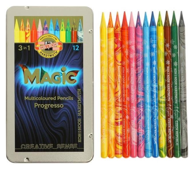 

Карандаши цветные цельнографит 12цв Koh-i-noor Progresso Magic 8772, мет/пенал