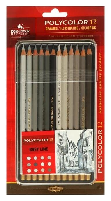Карандаши 12 цв Koh-i-noor Polycolor 3822, Gray Line, мет/пенал в блистере  Koh-i-noor