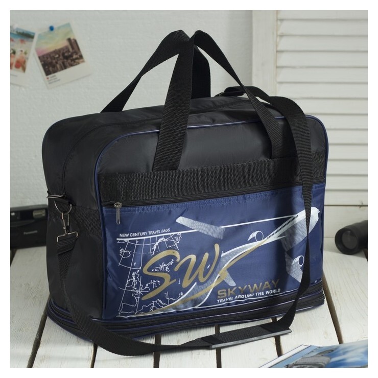 Сумка дорожная, ручная кладь, отдел на молнии, с увеличением, наружный карман, длинный ремень, цвет чёрный/синий  Sarabella