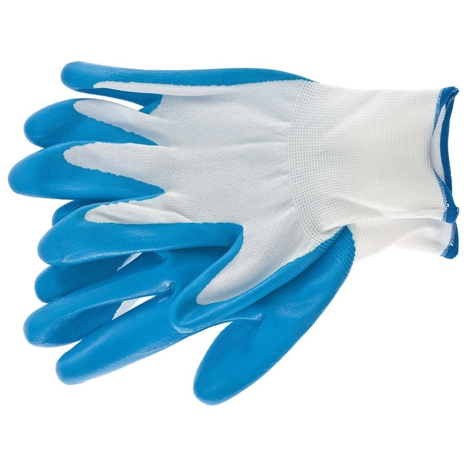 Перчатки полиэфирные с синим нитрильным покрытием маслобензостойкие, L, 15 класс вязки
