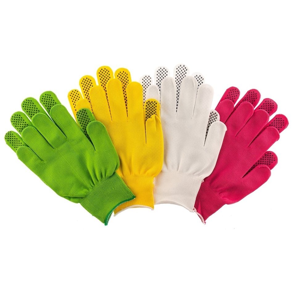 Перчатки в наборе, цвета: белые, розовая фуксия, желтые, зеленые, ПВХ точка, L