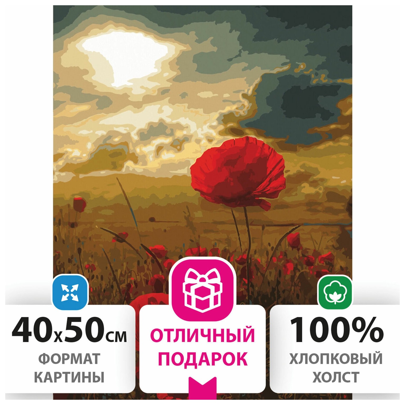 

Картина по номерам 40х50 см, остров сокровищ "Маковое поле", на подрамнике, акриловые краски, 3 кисти, 662493