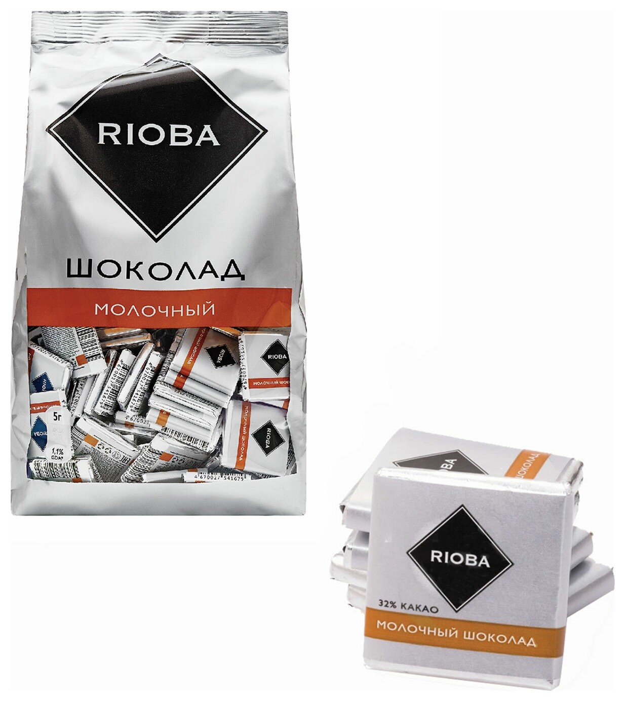 Шоколад порционный Rioba молочный 32%, 800 г, пакет, 366305  Rioba