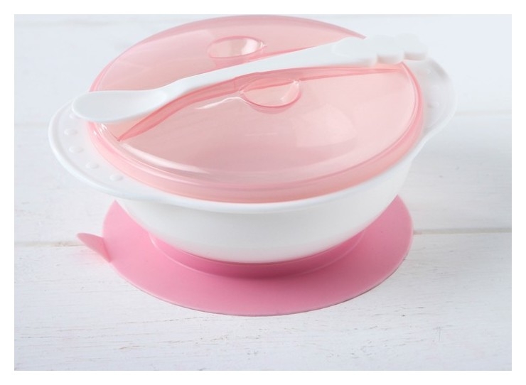 Набор для кормления, 3 предмета: миска на присоске 400 мл, крышка, ложка, цвет присоски розовый, цвет крышки