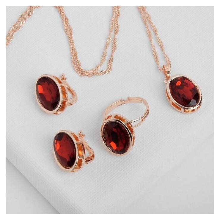 Гарнитур 3 предмета: серьги, кулон, кольцо безразмерное "Эдель" овал вытянутый, цвет красный в золоте, 45см  Queen Fair