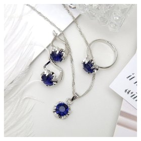 Гарнитур 3 предмета: серьги, кулон, кольцо безразмерное "Эдель" цветы, цвет синий в серебре, 50см Queen Fair