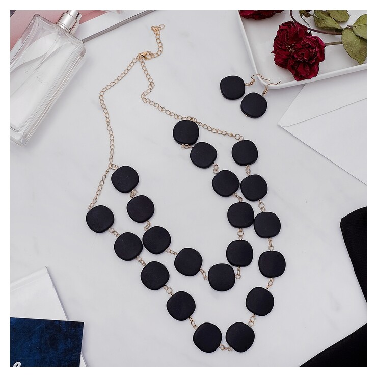 Набор 2 предмета: серьги, бусы "Нежность форм", 2 яруса, цвет чёрный, 50 см  Queen Fair