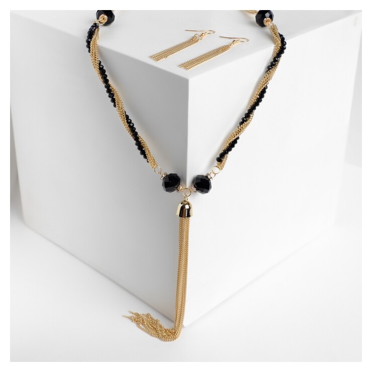 Набор 2 предмета: серьги, бусы "Унисон" накрученность, цвет чёрный в золоте  Queen Fair