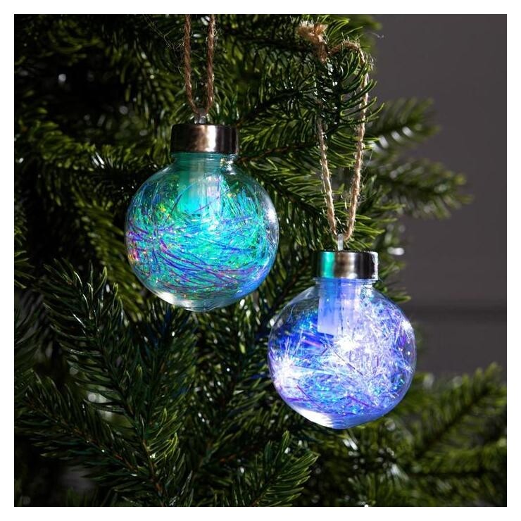 Набор елочных шаров "Мишура блестящая", D=6 см, 1led, 2 шт, от батареек, RGB  LuazON Home