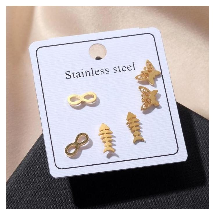

Серьги набор 3 пары "Стальные" бабочки, бесконечность, рыбка, цвет золото