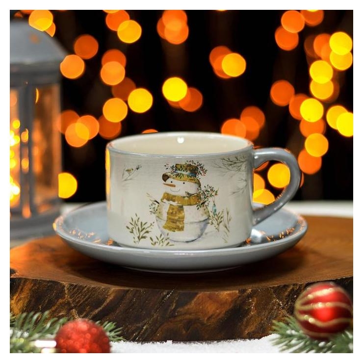 Чайная пара доляна «Рождественский снеговик», чашка 210 мл, блюдце D=15 см