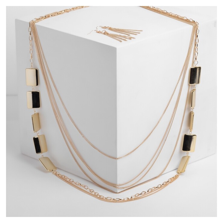 Набор 2 предмета: серьги, бусы "Унисон" прямоугольники, цвет золото  Queen Fair