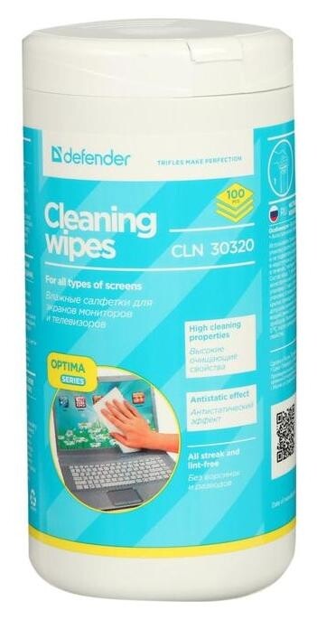 Салфетки чистящие для всех типов экранов 100 шт Defender CLN 30320 Optima, туба 30320 Defender