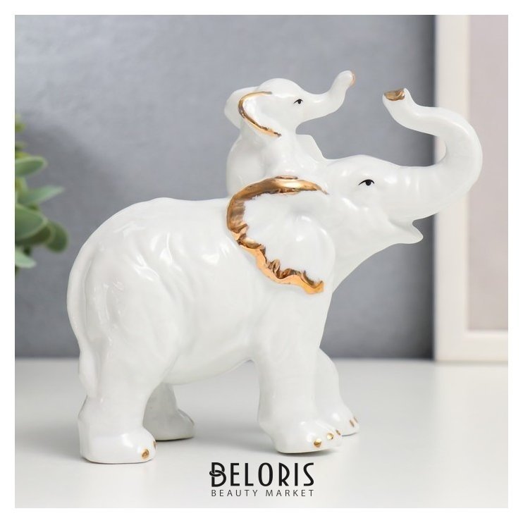Сувенир керамика Белый слон золотые ушки со слонёнком 12х13х6,3 см NNB