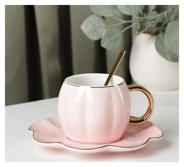 Чайная пара с ложкой «Цветок», 240 мл, чашка 11×8×7 см, блюдце D=16 см, цвет розовый