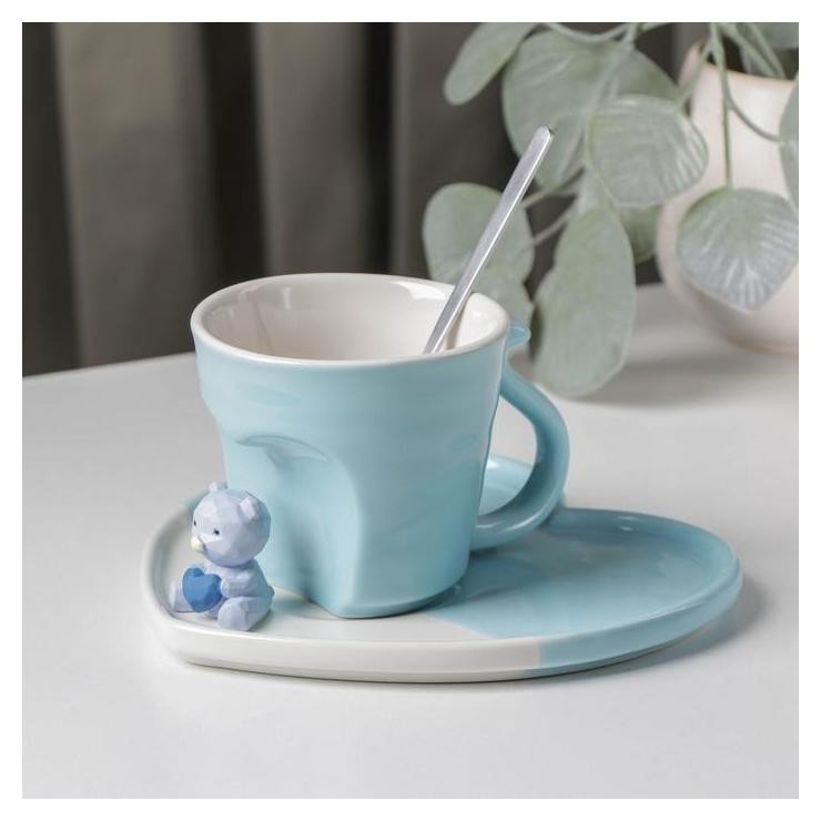 Кофейная пара «Мишка с сердцем», стакан 200 мл, блюдце 15,5×15×8 см, ложка, цвет голубой