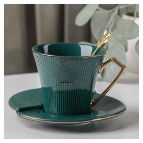 Чайная пара «Элизабет», чашка 240 мл, 11,5×9×8 см, блюдце 13,5 см, ложка, цвет зелёный 