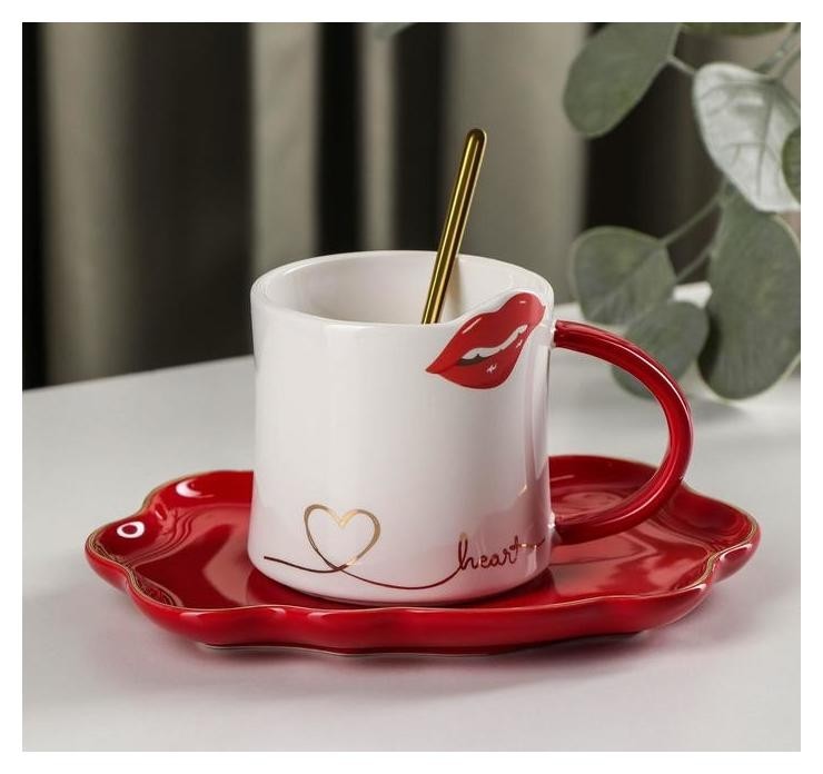 Чайная пара с ложкой «Губки», чашка 250 мл, блюдце 17,5×14 см, цвет бело-красный