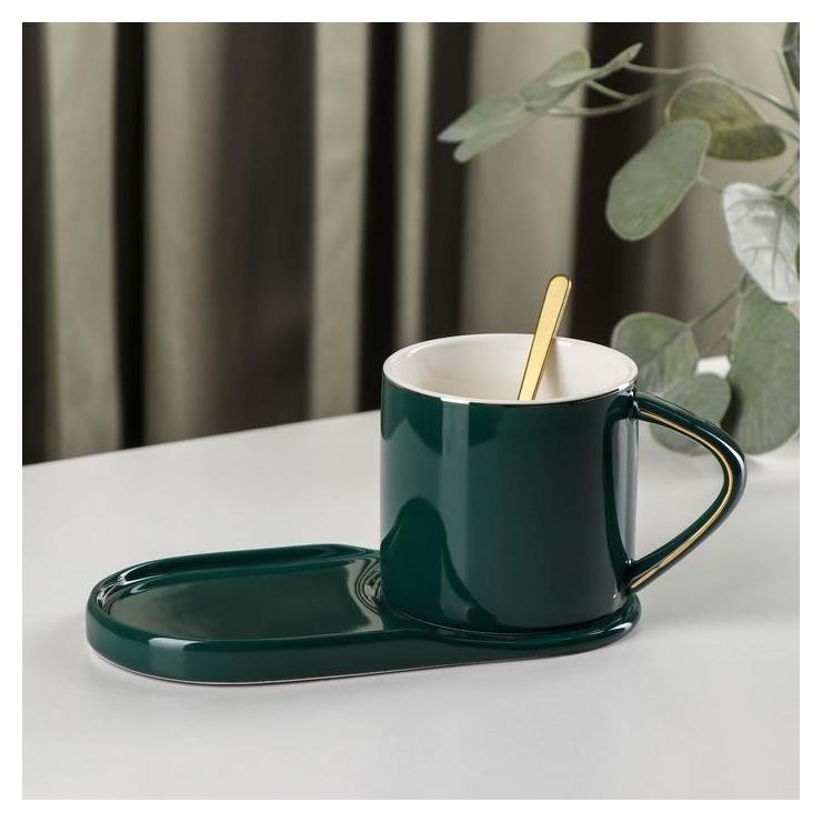 Чайная пара с ложкой «Карамель», чашка 280 мл, блюдце18×9 см, цвет зелёный