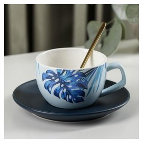 Чайная пара «Ариэль», чашка 250 мл, 11,5×8,5×5,8 см, ложка, блюдце, цвет голубой 