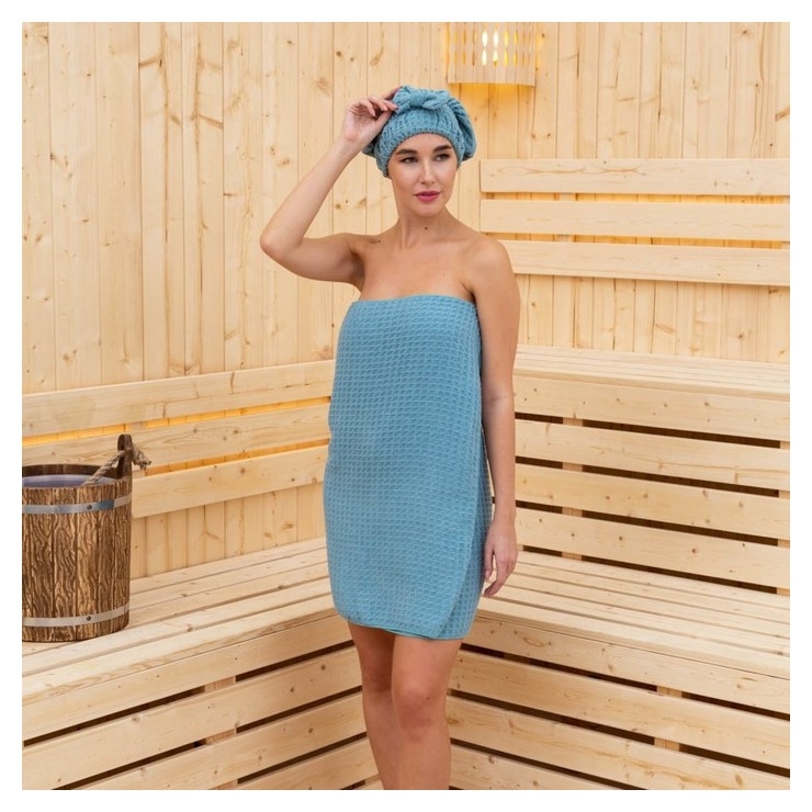 Набор для бани и ванной этель «Вафля» полотенце 70*140 см+чалма 21*25 см, цв.синий