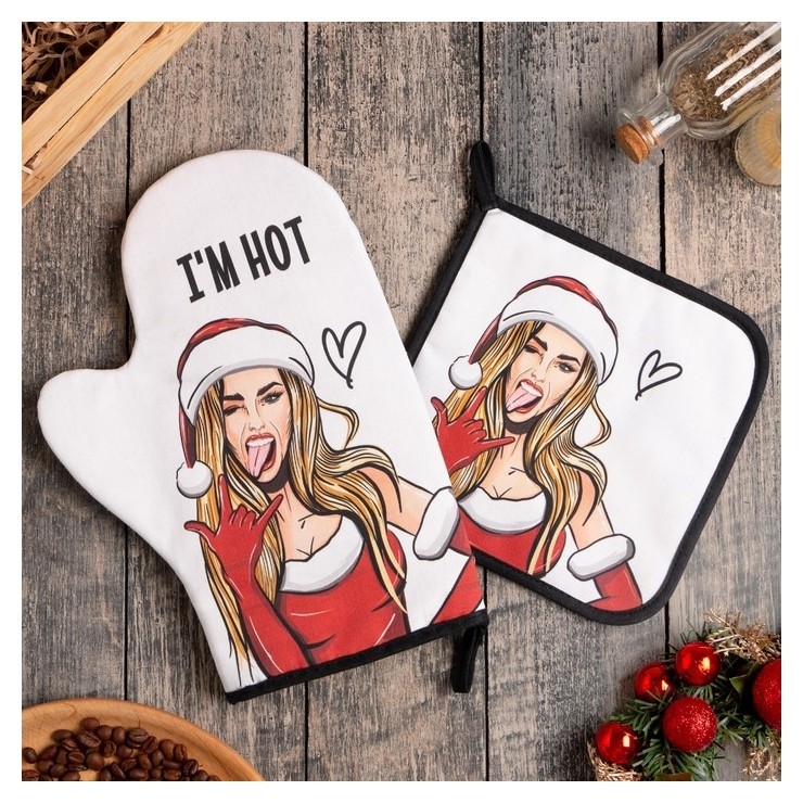

Набор кух. "I Am Hot" варежка-прихватка 20х28см, прихватка 19х19см,100% хл