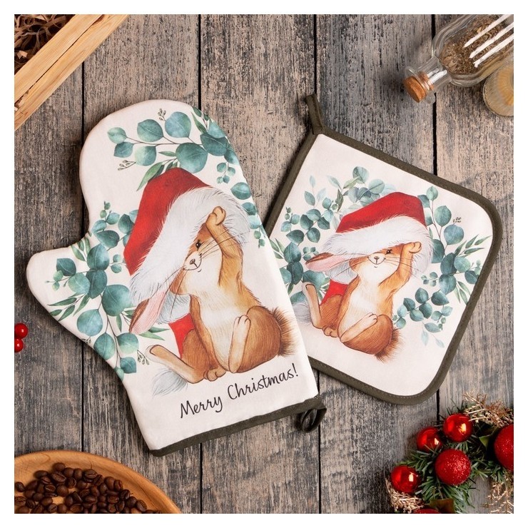

Набор кух. "Сhristmas Bunny" варежка-прихватка 20х28см, прихватка 19х19см,100% хл