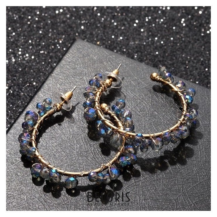 Серьги-кольца Природа кристаллы бусины, D=6 см, цвет сине-зелёный в золоте Queen fair