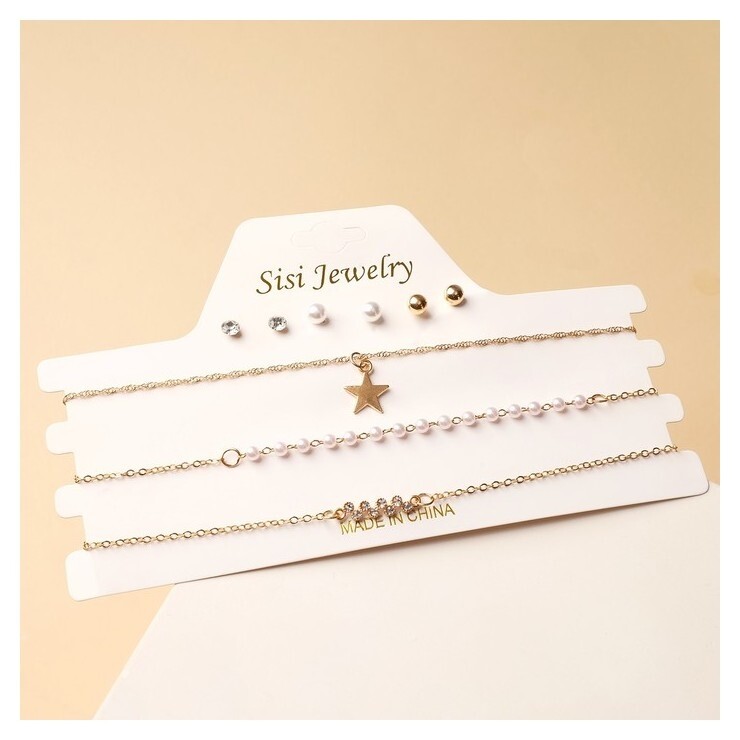 Набор: 3 колье, 3 пары пуссетов "Эстетика" звёзда, цвет белый в золоте, L=37  Queen Fair