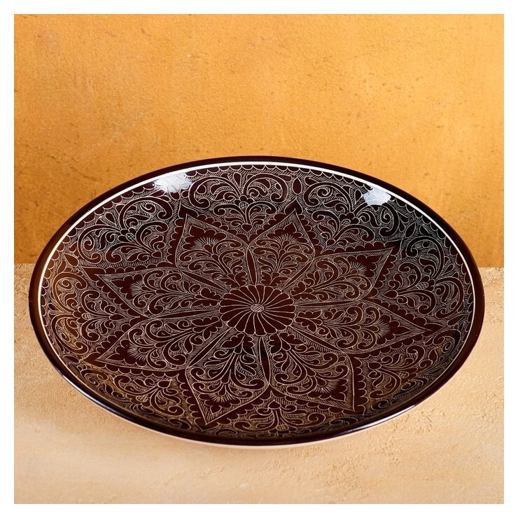 Ляган круглый риштанская керамика 32 см, коричневый  Шафран