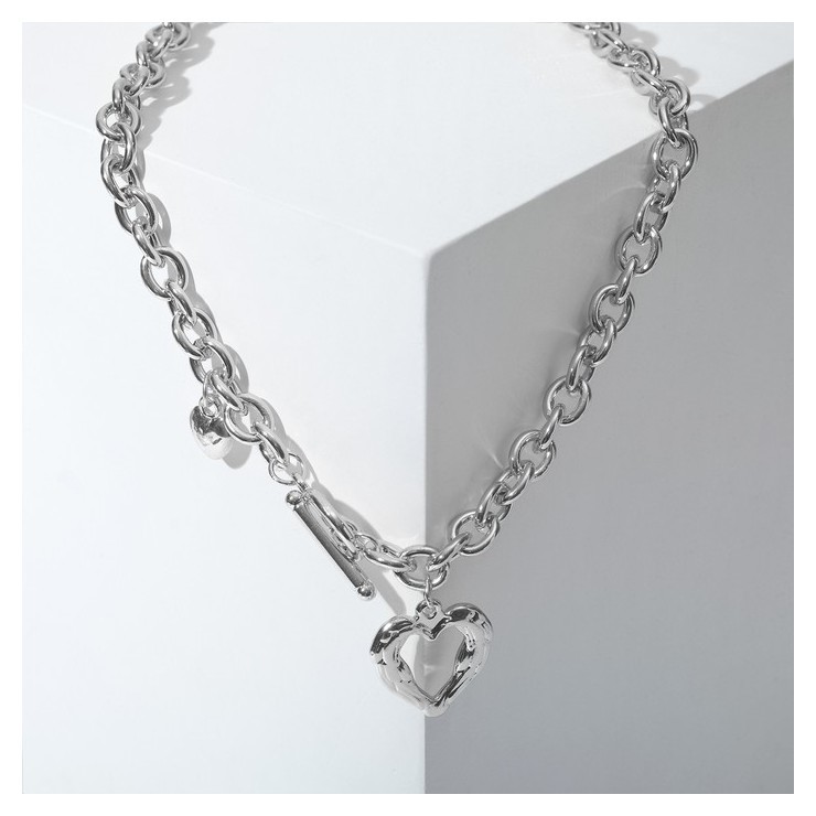 

Колье "Цепь" сердце из коры, цвет серебро, 46см