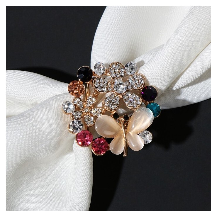 Кольцо для платка "Бабочка в цветах", цветное в золоте  Queen Fair