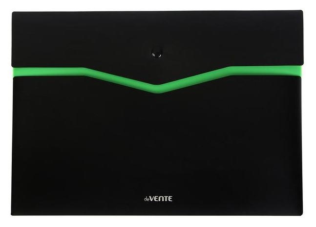 Папка-конверт на кнопке A4 (230 X 320 мм), 350 мкм, с рельефной фактурной поверхностью, с 2-мя отделениями, непрозрачный черный с неновым зеленым, 