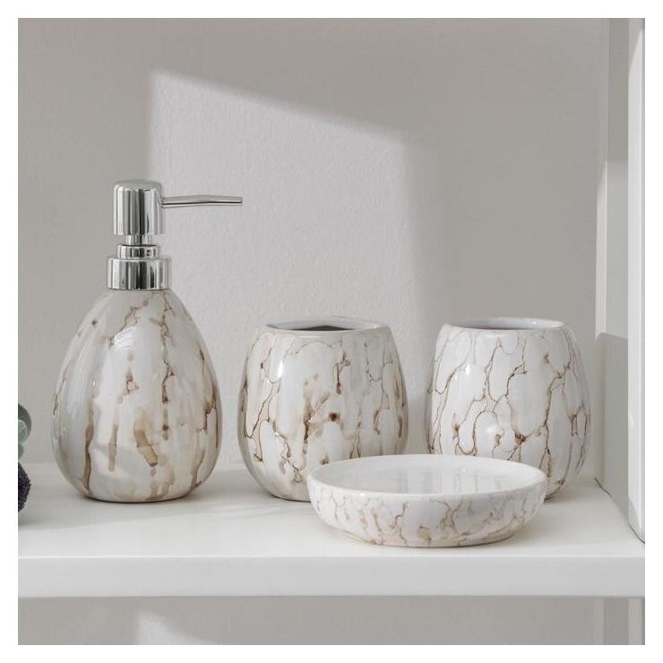 Набор аксессуаров для ванной комнаты Pearl, 4 предмета (Мыльница, дозатор для мыла 400 мл, 2 стакана)  