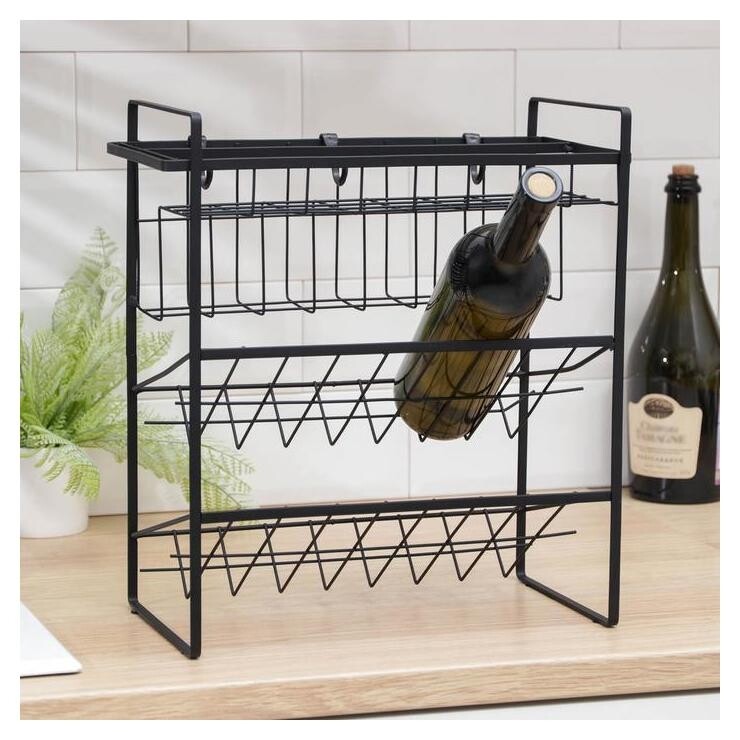 Подставка для бутылки 2 яруса, угол 45 градусов, цвет черный Доляна