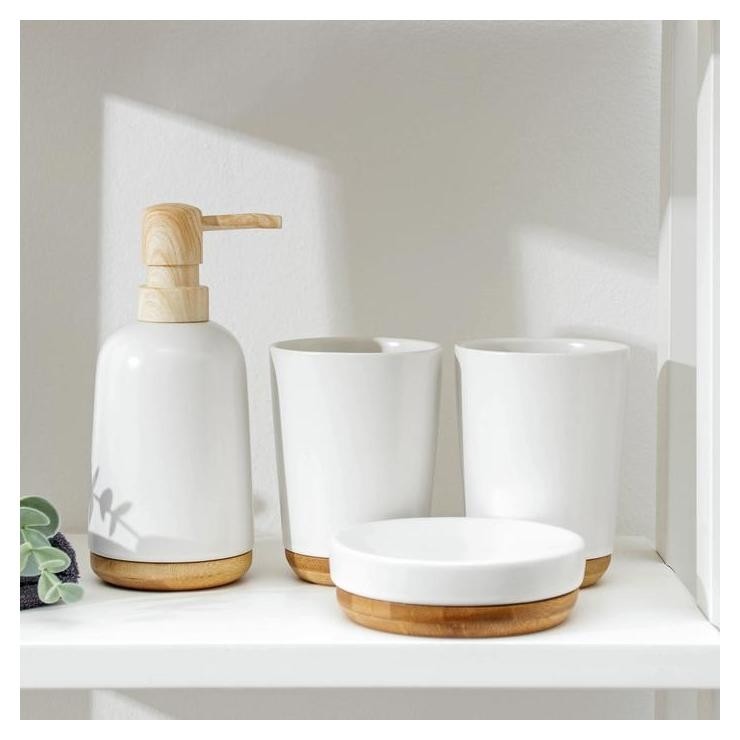 Набор аксессуаров для ванной комнаты «Эко», 4 предмета (Мыльница, дозатор для мыла, 2 стакана), цвет белый