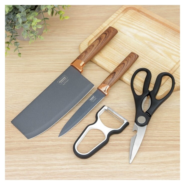Набор Bobssen, 4 предмета: ножи 12,5 см, 20,5 см, ножницы, металлическая овощечистка  