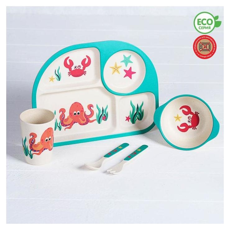 Набор детской посуды из бамбука «Морские жители», 5 предметов: тарелка, миска, стакан, столовые приборы