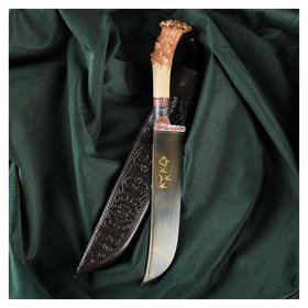 Нож пчак шархон "Рог косули" - пластик, сухма, витая рукоять, гарда олово, гравировка, 15 см Шафран