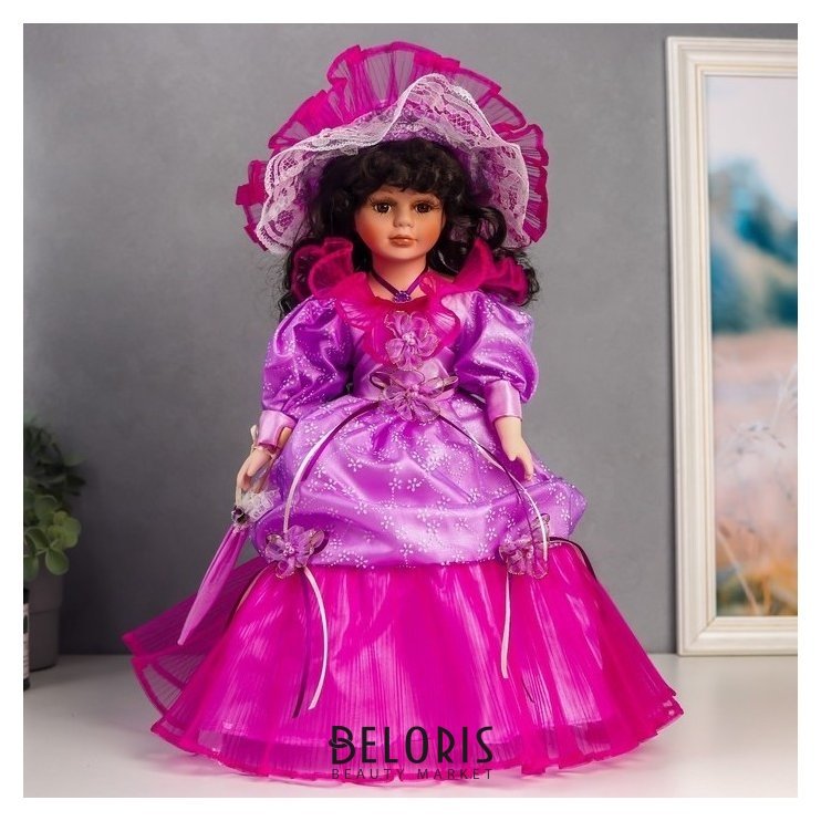 Кукла коллекционная керамика Леди оливия в фиолетовом платье, с зонтом 40 см NNB
